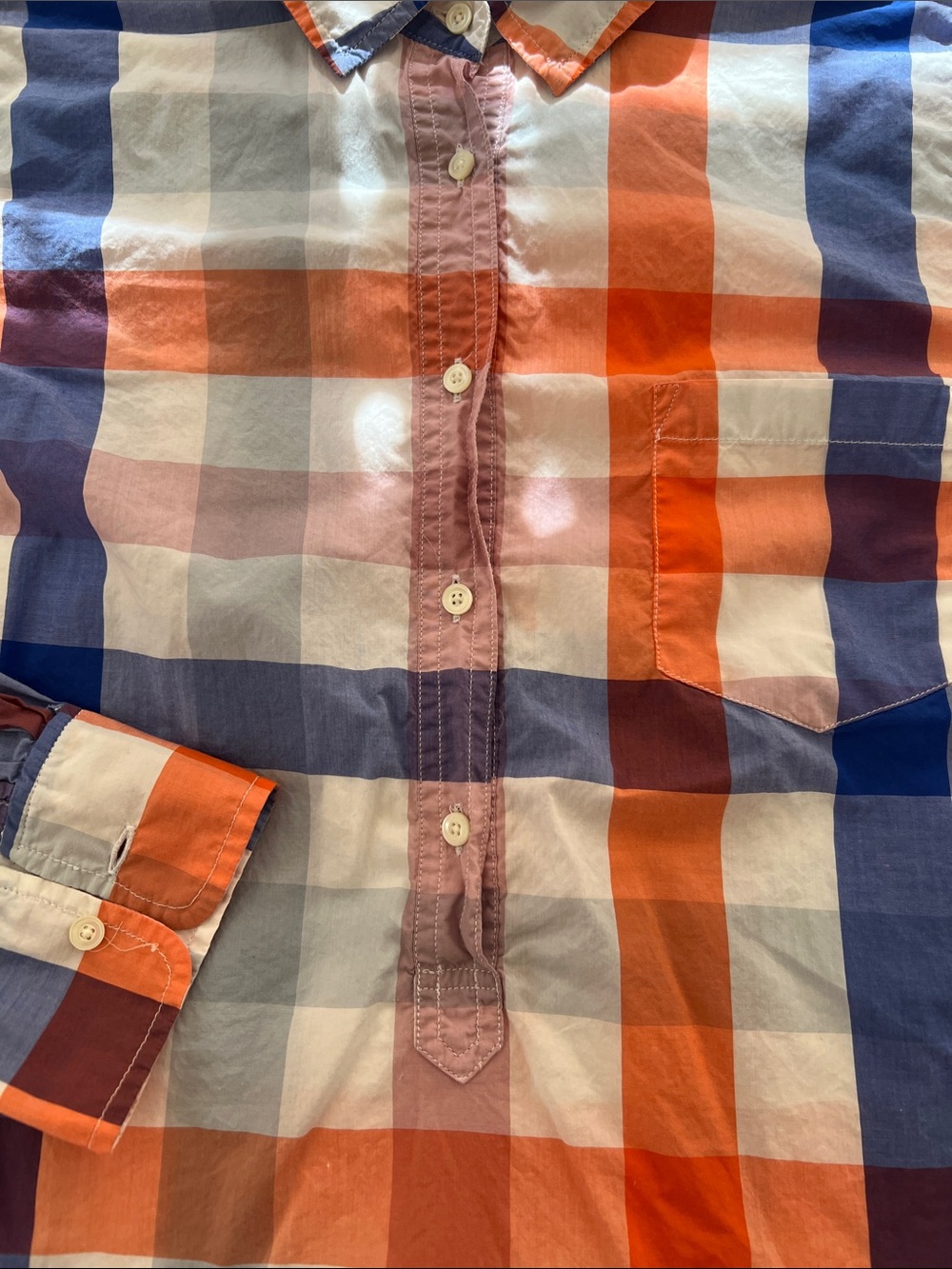 Women's Plaid Button-Front Popover Shirt in Orange, Blue, Pink - Picture 3 of 5